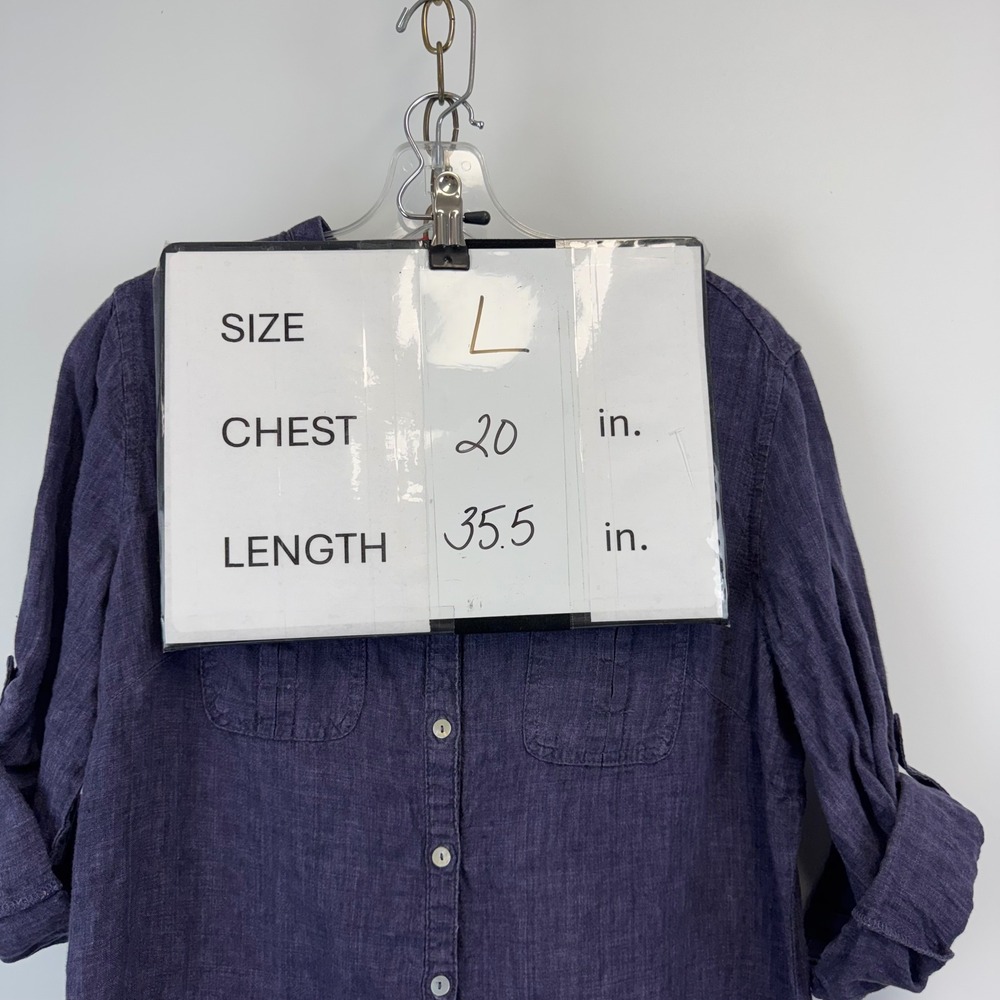 Malvin I Love Linen 100% Linen Shirt Dress Blue Button Front Roll Sleeve Sz L - Picture 2 of 13